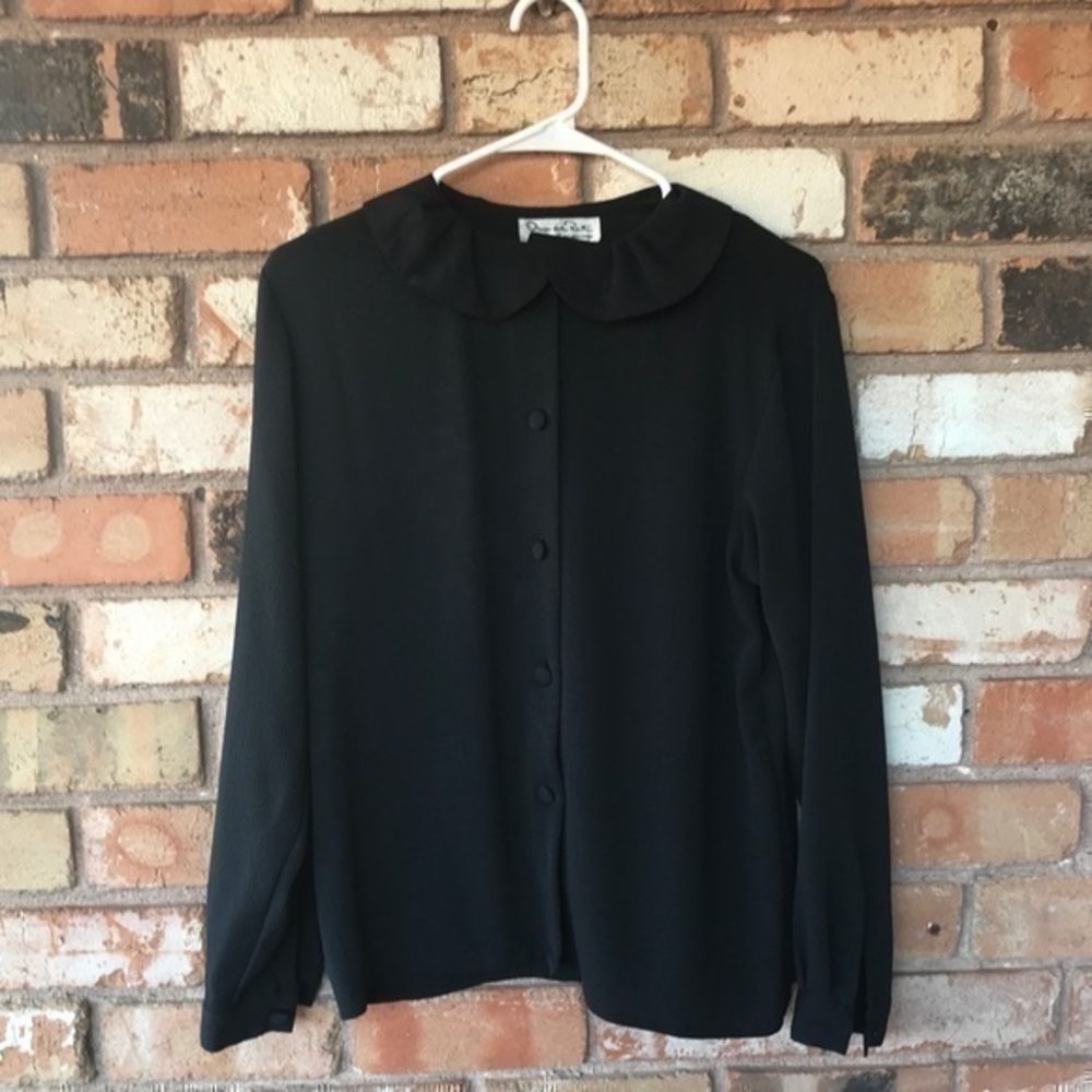 Vintage Oscar de la Renta Black Button Down Blouse Peter Pan collar